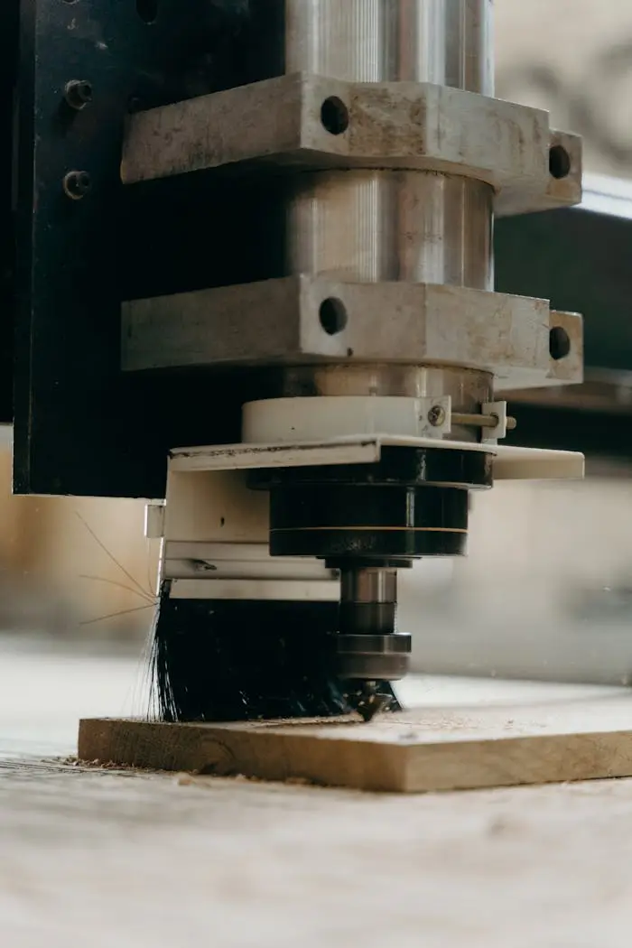 Detailed view of CNC machine carving wood, highlighting precision and engineering technology.